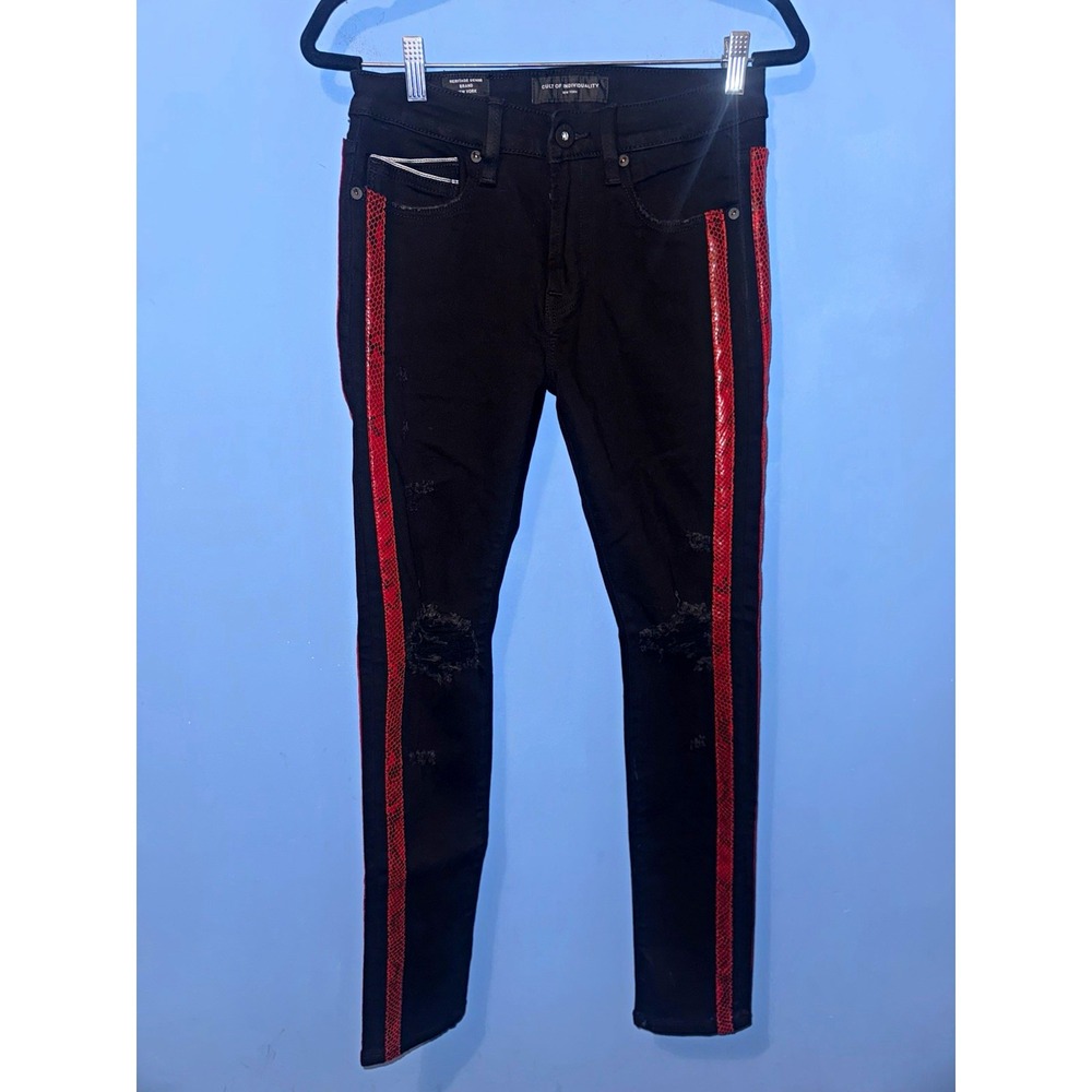 Cult of Individuality Heritage Slim Skinny Jeans Black Red Stripe 30x32 62241
